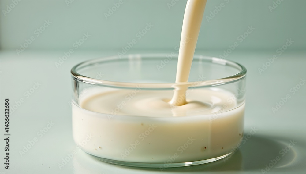 Creamy liquid pouring into a glass bowl, creating smooth texture against a light background Creamy liquid pouring into a glass bowl, creating smooth texture against a light background