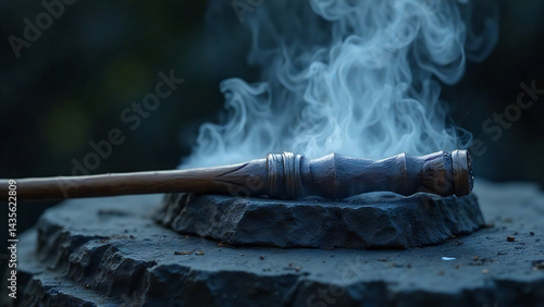 A close-up of a wizard’s staff, with a swirling mist of magic surrounding its top, on a dark stone altar.

