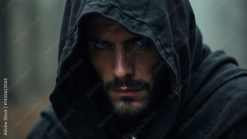 A portrait of a dark sorcerer with a hooded cloak, his face partially obscured, with sharp features and a subtle aura of magic surrounding him.
A portrait of a dark sorcerer with a hooded cloak, his face partially obscured, with sharp features and a subtle aura of magic surrounding him.