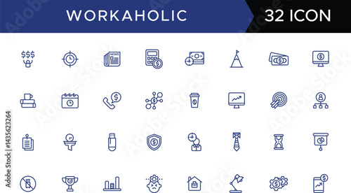 Workaholic icon set. Busy, rushed, burnout, tired, overworked, and more. Set of line icons in linear style. Outline icons collection. A series of vector pictograms.