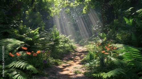 sunlit forest path with lush greenery