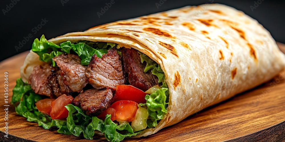 Grilled Beef Wrap with Fresh Vegetables, Healthy Meal with Lettuce, Tomato, and Onions Grilled Beef Wrap with Fresh Vegetables, Healthy Meal with Lettuce, Tomato, and Onions