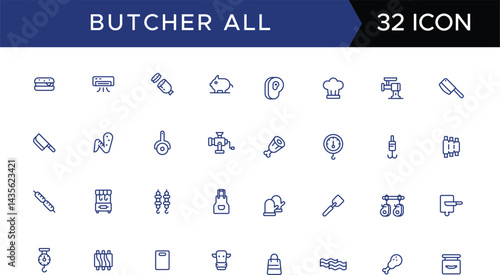 Butcher and grill-related editable stroke outline icons set isolated on a white background, flat vector illustration. 