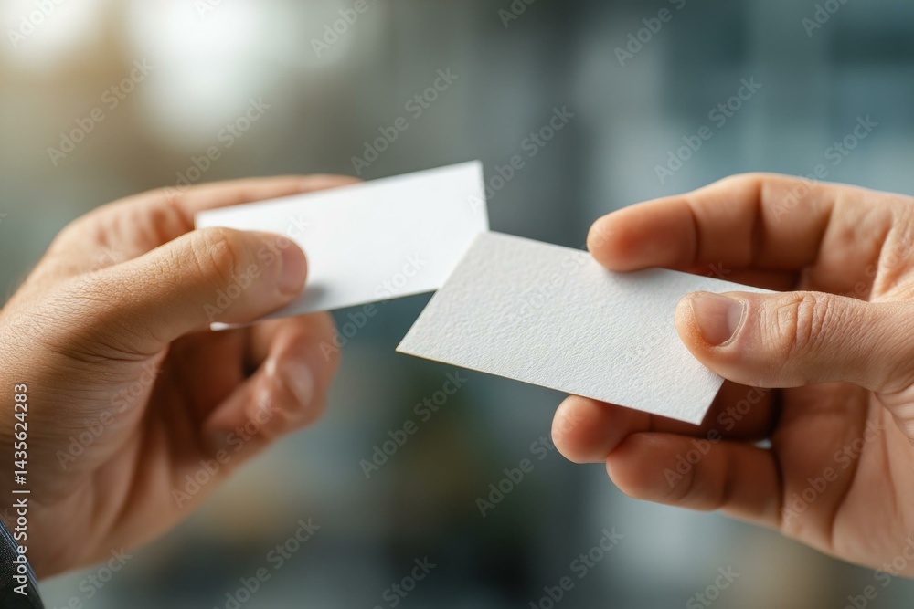 Hands holding blank white business cards exchanging information during meeting, representing networking and professional introductions Hands holding blank white business cards exchanging information during meeting, representing networking and professional introductions