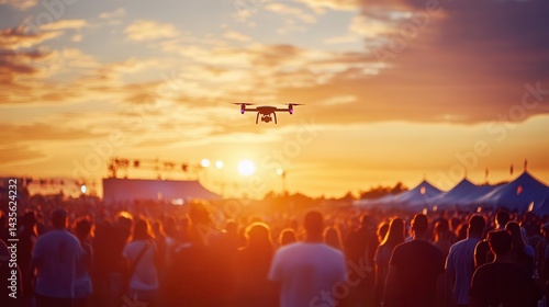 A drone flies over a crowd during a vibrant sunset at an outdoor event. Copy space, 300 dpi, commercial use