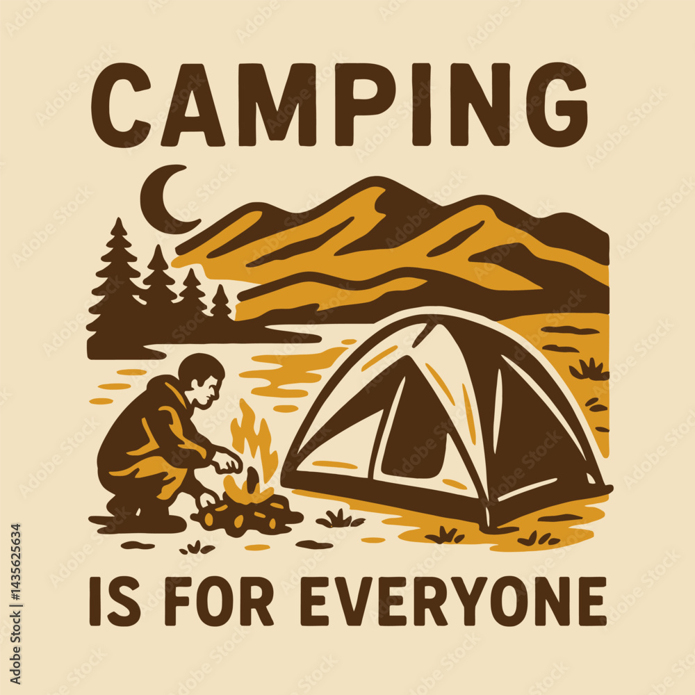 Obraz premium Camping Adventure Illustration Featuring Tent Fire and Mountain Landscape