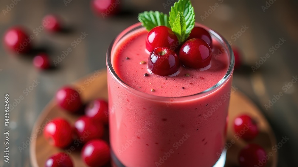 A refreshing glass of vibrant pink smoothie topped with fresh cherries and mint, surrounded by scattered cherries on a wooden surface A refreshing glass of vibrant pink smoothie topped with fresh cherries and mint, surrounded by scattered cherries on a wooden surface
