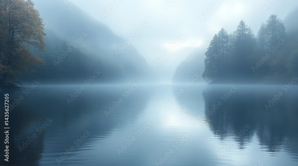 Serene Misty Lake Landscape With Trees And Mountains Reflecting On Calm Water Serene Misty Lake Landscape With Trees And Mountains Reflecting On Calm Water