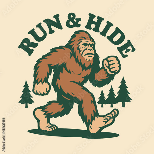 Bigfoot Running in Forest Illustration with Run and Hide Text
