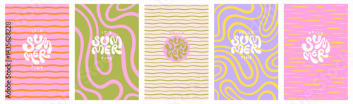 Summer backgrounds collection. Hello it's summer time hand lettering. Hand drawn waves, twisted wavy stripes, uneven strokes, deformed organic lines funky groovy hippie doodle rectangle patterns set.