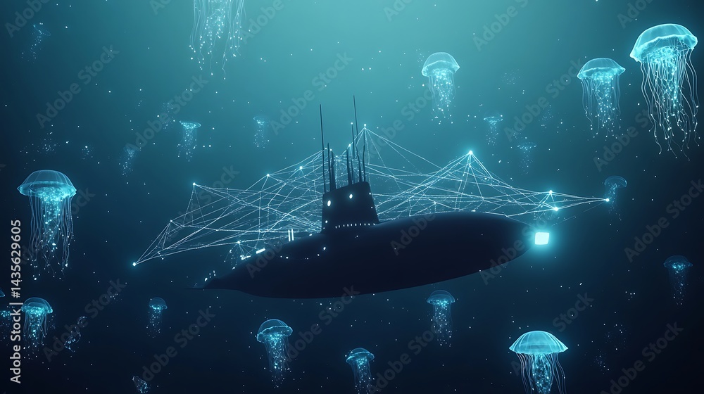Submarine navigating through a network of glowing jellyfish in deep blue water. Submarine navigating through a network of glowing jellyfish in deep blue water.