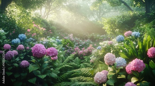 serene hydrangea garden in sunlight