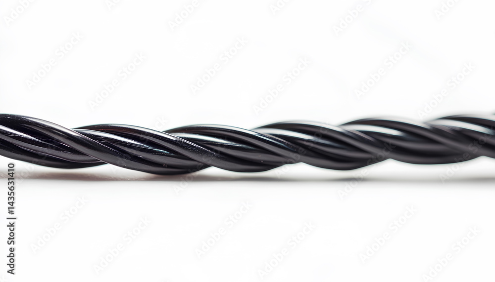 One black electrical wire on white background One black electrical wire on white background