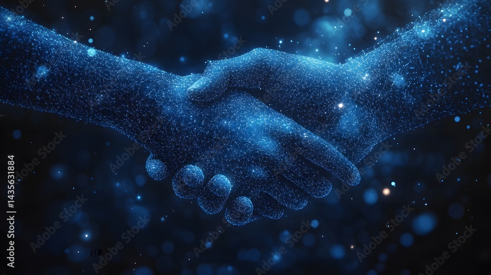 Fototapeta premium Futuristic handshake depicted with glowing blue lines and bokeh background evokes trust and technology. Perfect for illustrating collaboration in the digital age. Abstract wireframe in dark blue.