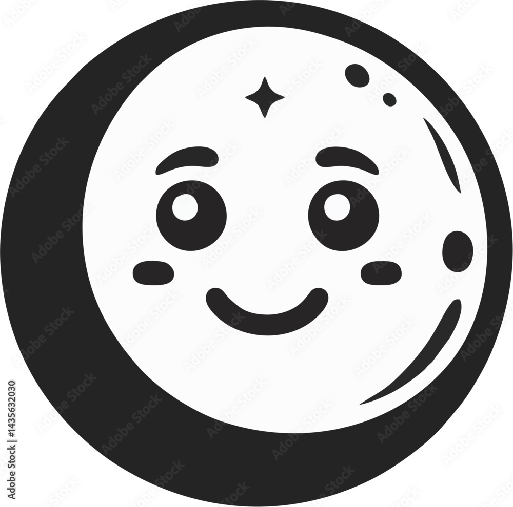 Fototapeta premium Minimalist Smiling Full Moon Icon – Cute Black and White Cartoon Lunar Face Vector