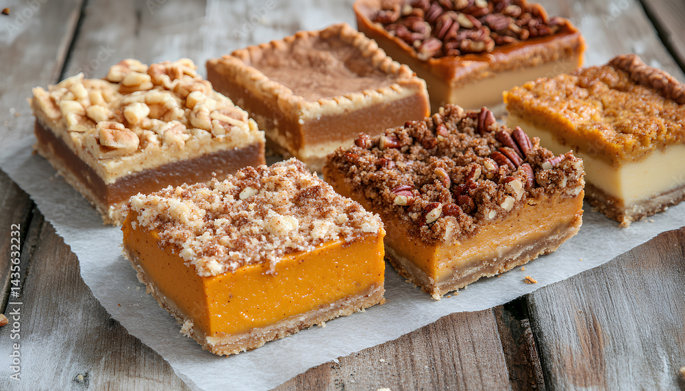 Variety of fall pie slices on parchment paper, pumpkin, pecan and pumpkin crumb pie Variety of fall pie slices on parchment paper, pumpkin, pecan and pumpkin crumb pie