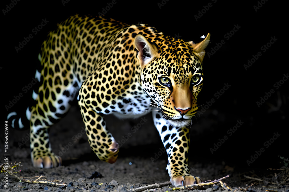 Obraz premium A fierce and focused leopard moves silently through the shadows, its piercing eyes locked onto its target.