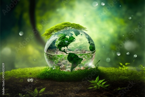 Save Earth Day Poster Environment Day Nature Green Glossy background Images tree and water Photo