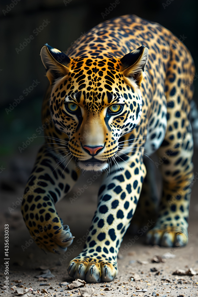Obraz premium A fierce and focused leopard moves silently through the shadows, its piercing eyes locked onto its target.