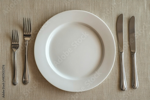 White plate with elegant silverware on a wooden table setting.