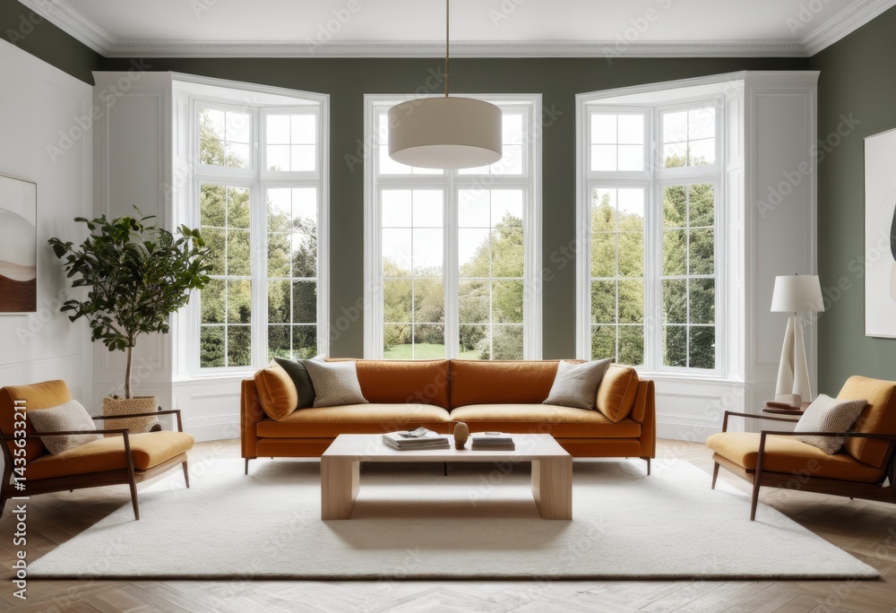 Fototapeta premium There is a living room with sofa chairs and coffee table