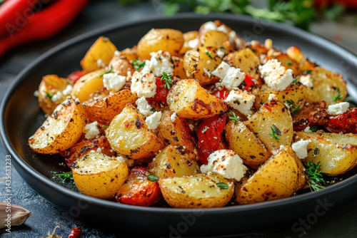 Roasted potatoes with feta and olives on a rustic wooden board, showcasing a delicious Mediterranean dish.