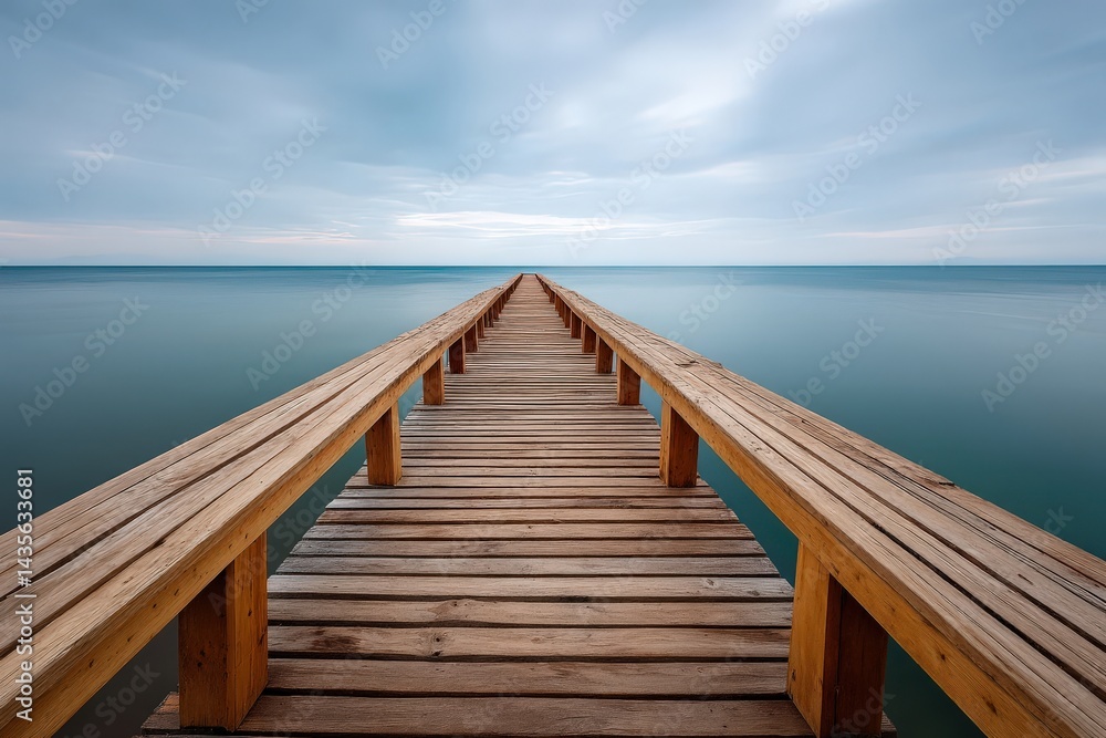 Naklejka premium Wooden pier extending into calm reflective water under warm twilight lighting captured with atmospheric balance and open-ended perspective in scenic stock photo