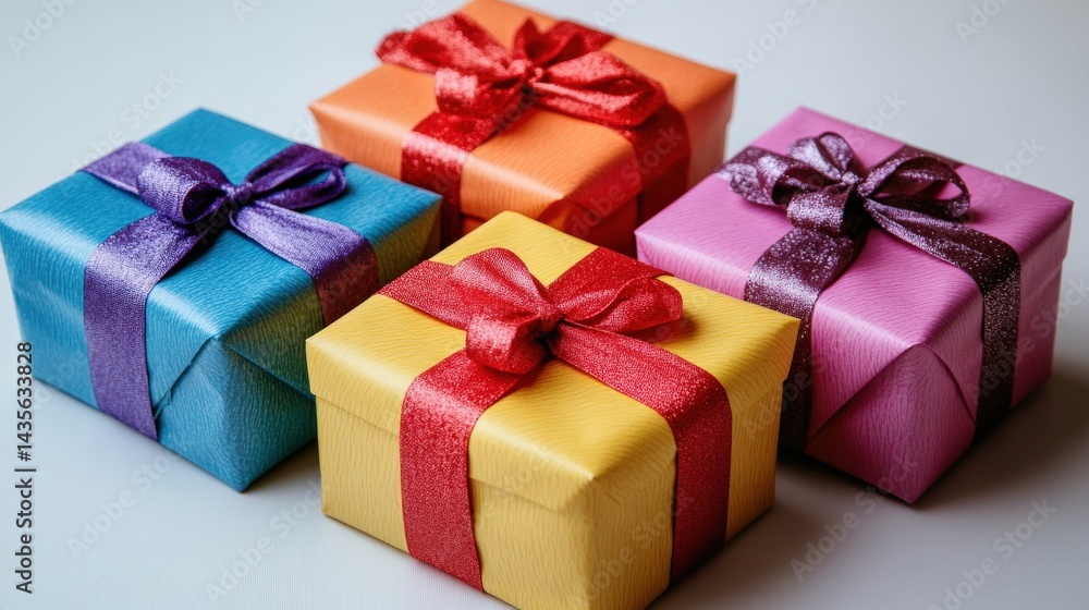 Colorful gift boxes with ribbons arranged on a light background, ideal for celebrations and holidays Colorful gift boxes with ribbons arranged on a light background, ideal for celebrations and holidays