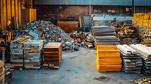 urban mining zero waste, sorted piles of construction materials windows wood bricks steel concrete, sustainable material recycling, reuse architecture, city sustainability, life cycle