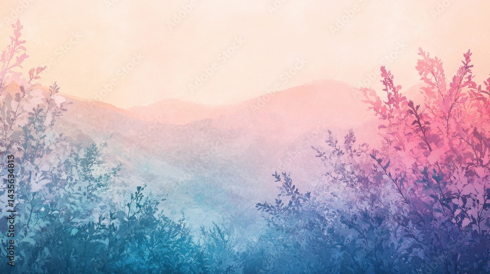 pastel mountain landscape with silhouetted plants