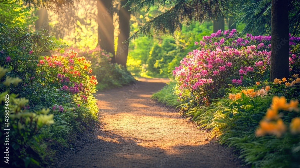 sunlit garden path with blooming azaleas
