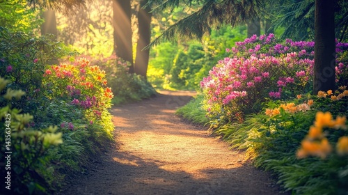 Obraz na płótnie sunlit garden path with blooming azaleas w salonie