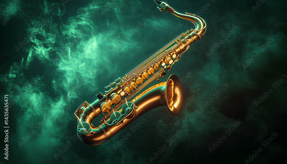Naklejka premium Golden saxophone on dark background with green light and smoke, close-up. Space for text