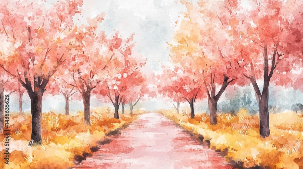 Naklejka premium Pastel watercolor painting of a blossoming spring or autumn pathway.
