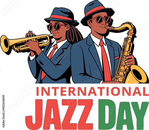 Jazz artists in suits playing saxophones – International Jazz Day vector, International Jazz Day Greeting: Musician Art Vector Illustration