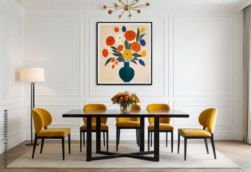 There is a table with four chairs and a vase above There is a table with four chairs and a vase above