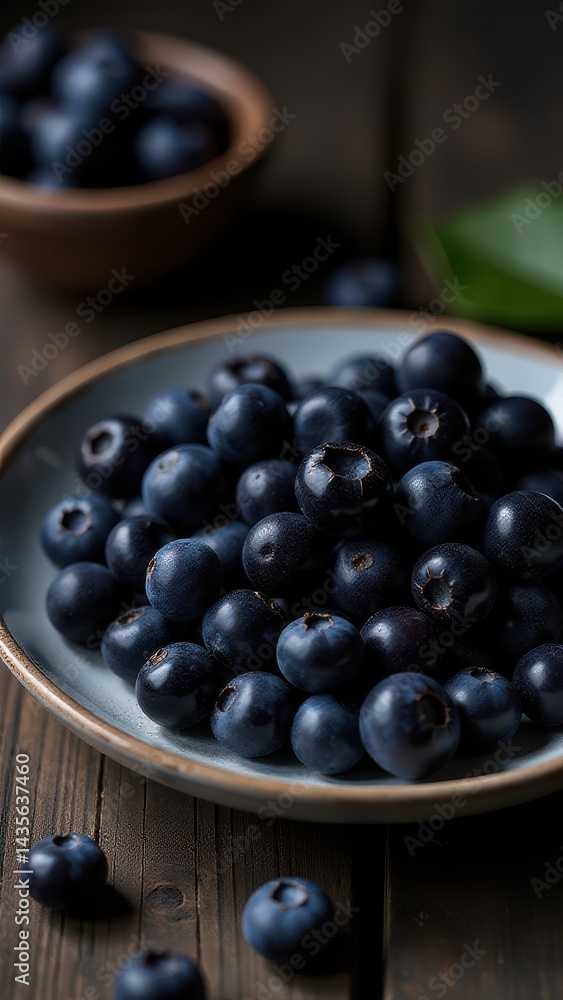 Fresh acai berries in a ceramic bowl on a rustic wooden table, featuring vibrant greens for a natural and organic aesthetic Fresh acai berries in a ceramic bowl on a rustic wooden table, featuring vibrant greens for a natural and organic aesthetic