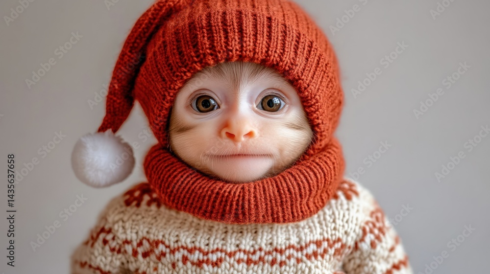 Snug monkey in a holiday sweater hat big eyes cozy vibes Snug monkey in a holiday sweater hat big eyes cozy vibes