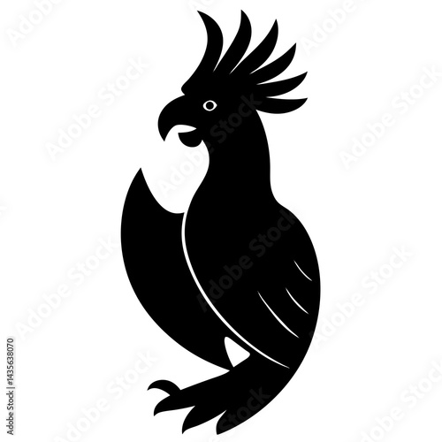 vector silhouette of a cockatoo with raised crest, perched, simple shape, white background 