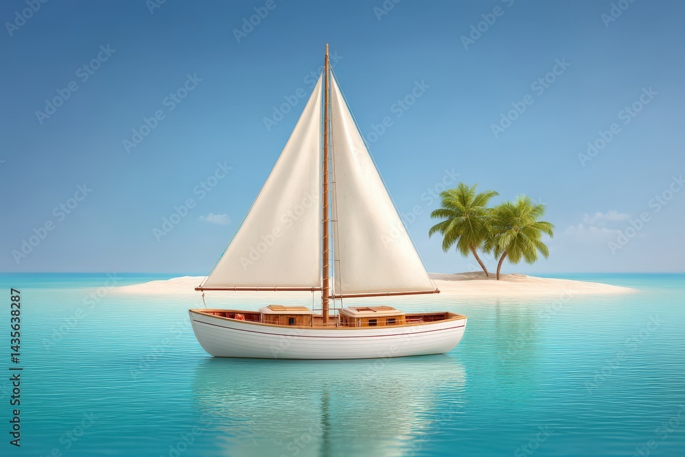 Fototapeta premium Sailboat gliding over tropical turquoise water near palm island under clear sky representing calm serenity freedom and idyllic destination travel vibe