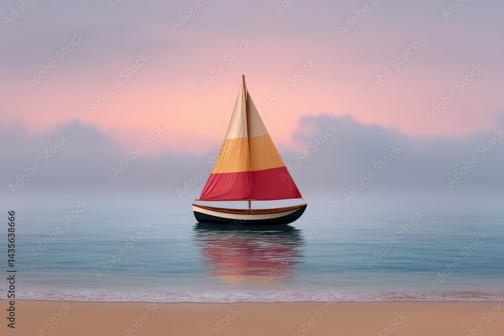 Fototapeta Sailboat with vivid red yellow sail floating calmly on ocean surface at twilight with light reflection and pastel sky forming serene travel atmosphere