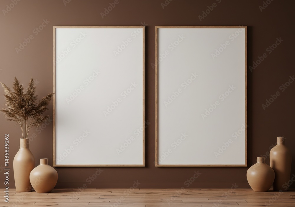 Two posters mockup with vases and plants against brown wall Two posters mockup with vases and plants against brown wall