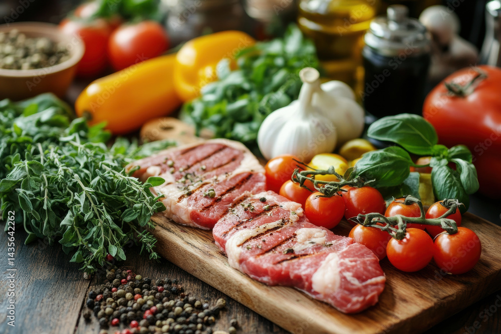 Raw meat seasoned with herbs and spices on a cutting board. Raw meat seasoned with herbs and spices on a cutting board.