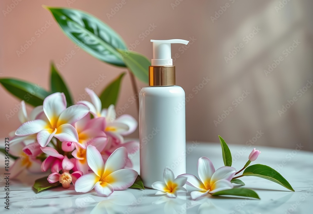 White skincare bottle on table with jasmine flowers and leaves, white, fragrance White skincare bottle on table with jasmine flowers and leaves, white, fragrance