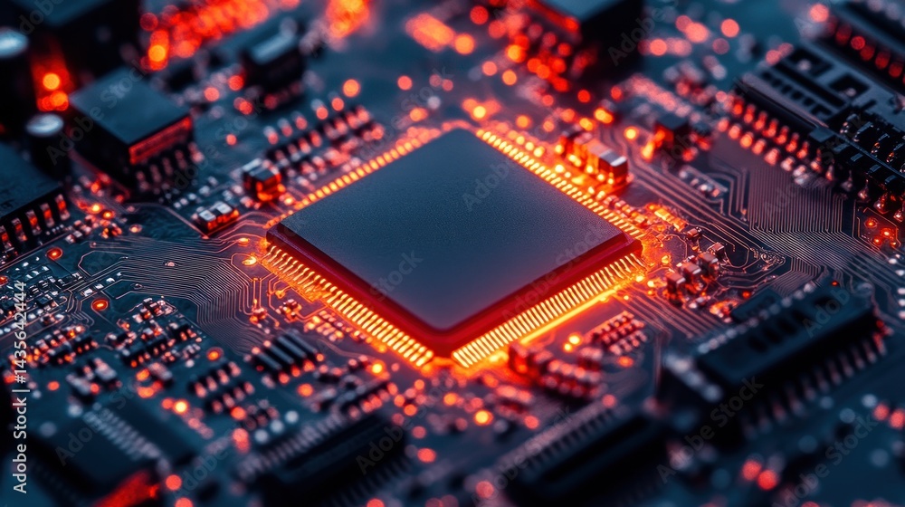 Close-up circuit board with glowing chip Close-up circuit board with glowing chip