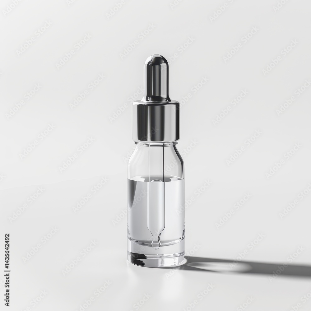 Naklejka premium Clear glass dropper bottle with metallic top against a bright backdrop.