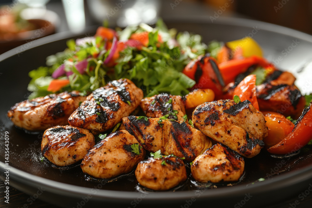 Plate of chicken and vegetables on table with steaming hot food; colorful, varied textures, enticing presentation. Plate of chicken and vegetables on table with steaming hot food; colorful, varied textures, enticing presentation.