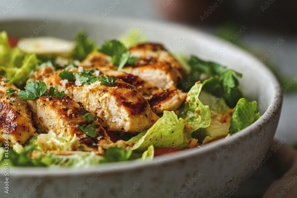 Bowl filled with chicken and lettuce, surrounded by colorful vegetables, on a wooden table with a fork beside it. Bowl filled with chicken and lettuce, surrounded by colorful vegetables, on a wooden table with a fork beside it.