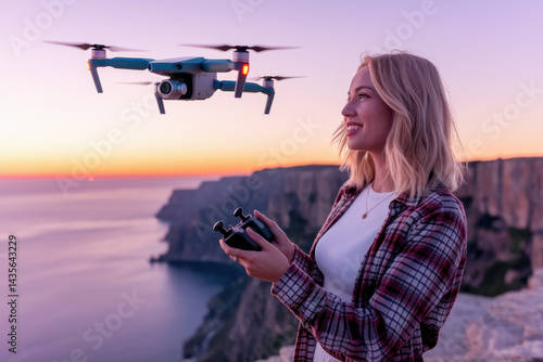 Woman flying drone at sunset over scenic coastal cliffs