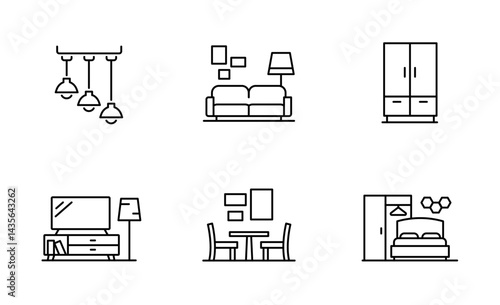 Set of Furniture icon, Living room, Dinning room, Lighting, Chandelier, Bedroom Symbol Outline icon, Editable Stroke